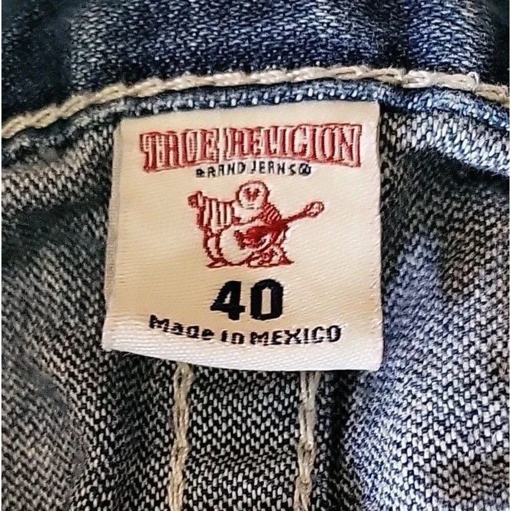 True Religion Jeans Men Size 40 Blue Distress Thick Stitch Flap Back Pockets